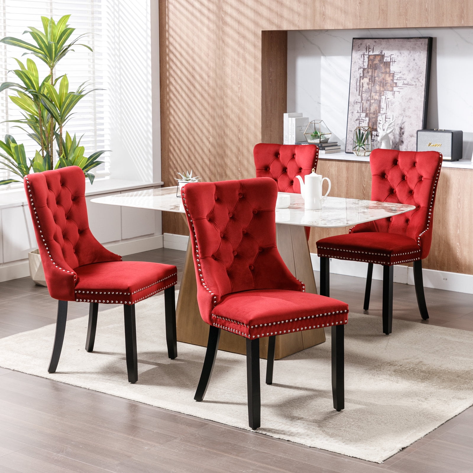 Miniyam Velvet Dining Chairs Set of 2, Tufted High Back Kitchen Chairs with Nailhead Trim, Red