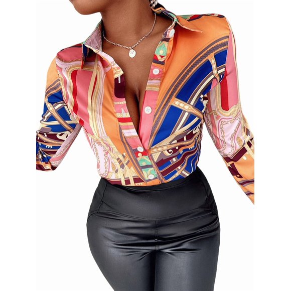 Blusas para Mujer, con Botones, Estilo Informal, de Negocios, de Larga, Elegantes y Sexys. Estampado Naranja XXL