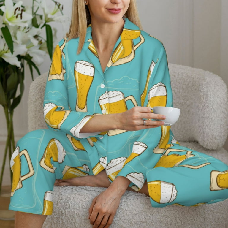 Pajamas for Women Set Beer print B Soft Comfy Long Sleeve Button Up Pajama Sets for Women 2 Piece Sleepwear Nightwear Pjs Lounge Sets for Women