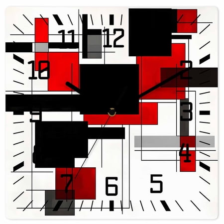 Red Grey Black Wooden Wall Clock Silent Non Ticking, Irregular Modern Geometric Abstract Square Wall Clocks Battery Operated, Decor Clock for Home Office, Living Room, Kitchen, 12 Inch