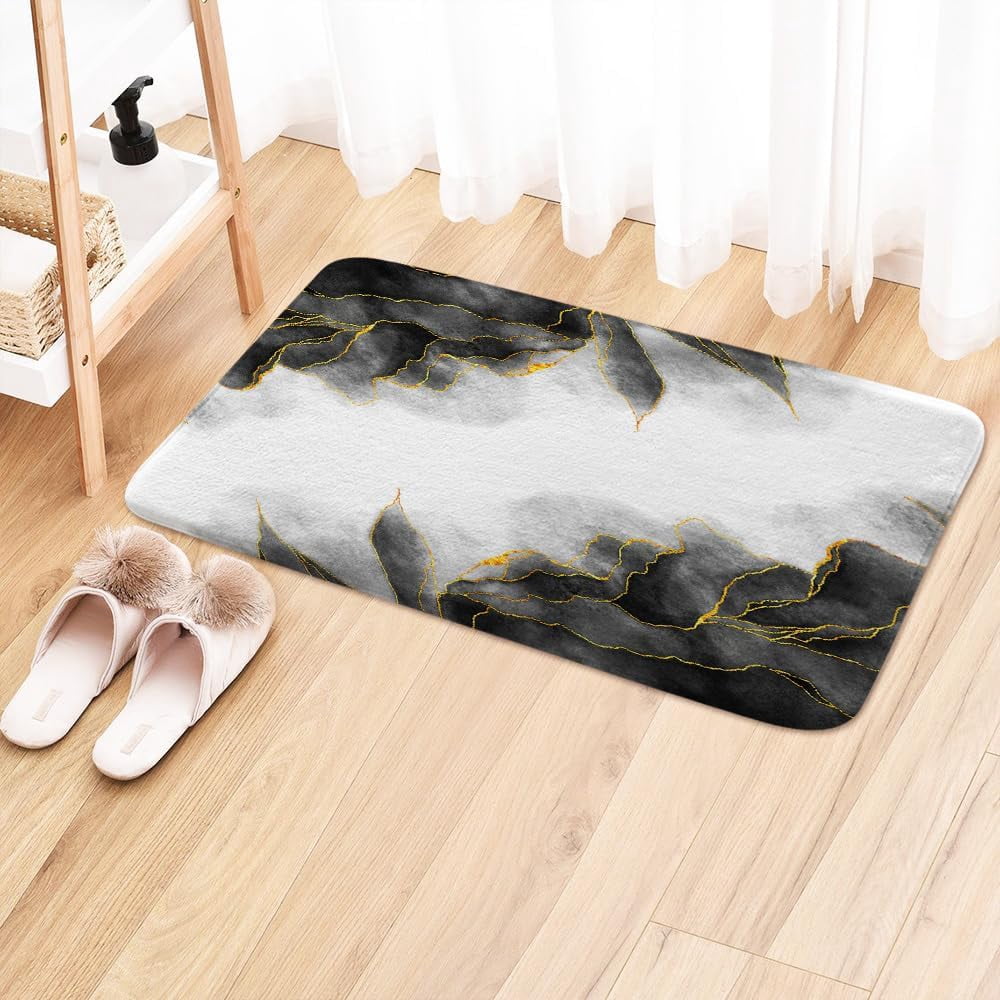Black and Gold Marble Bath Mat for Bathroom, Modern Abstract Dark Grey Gray White Floor Rugs Mats Non Slip Cute Ombre Bathroom Decor Accessories 17X29 Inches Kitchen Bedroom Indoor