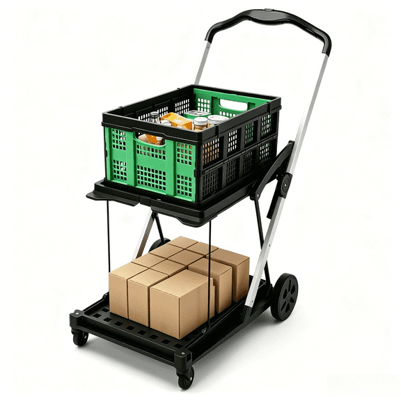 Folding Utility Cart with Wheels, 2-Tier Grocery Shopping Cart with 198 lb Capacity, Removable Storage Crate for Apartment, Office, Travel
