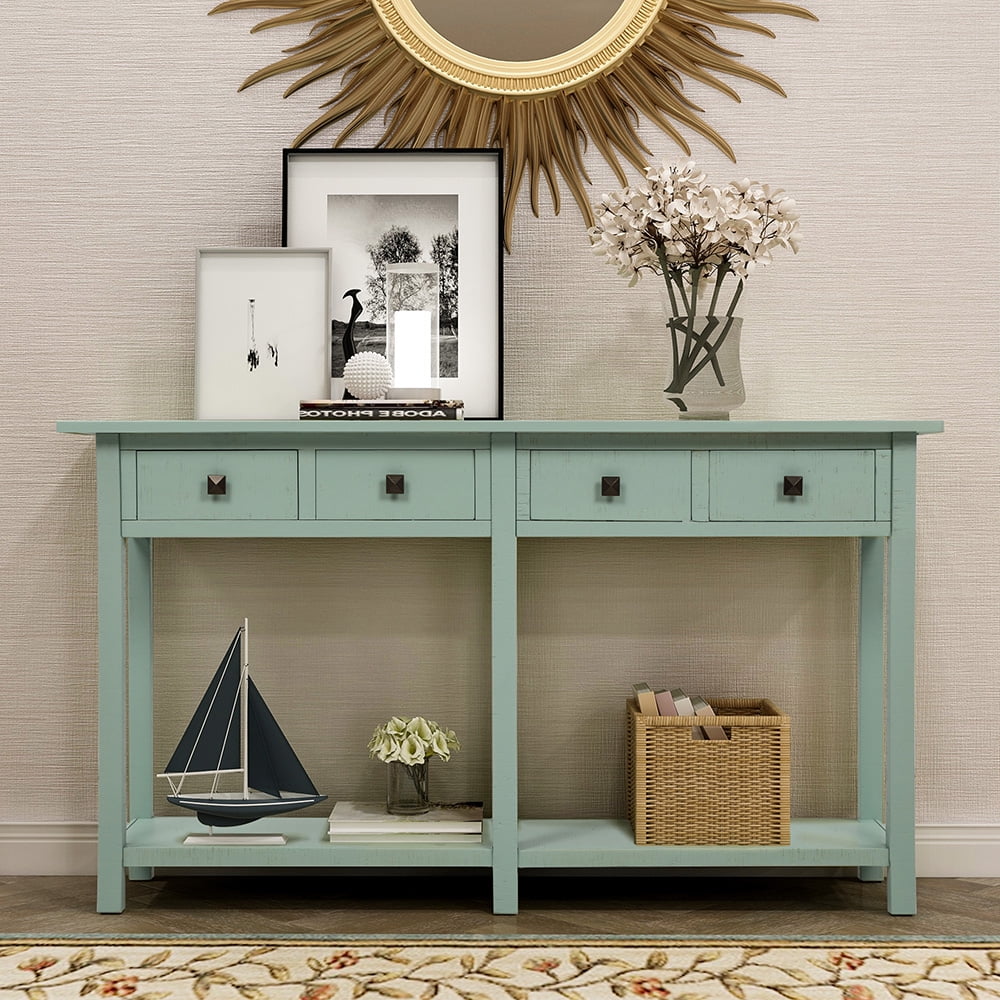 Kepooman Rustic Brushed Texture Wooden Console Table with 4 Drawers and Bottom Shelf for Entryway, 59"L x 15.2"W x 33"H, Tiffany Blue Kepooman Rustic Brushed Texture Wooden Console Table with 4 Drawers and Bottom Shelf for Entryway, 59"L x 15.2"W x 33"H, Tiffany Blue