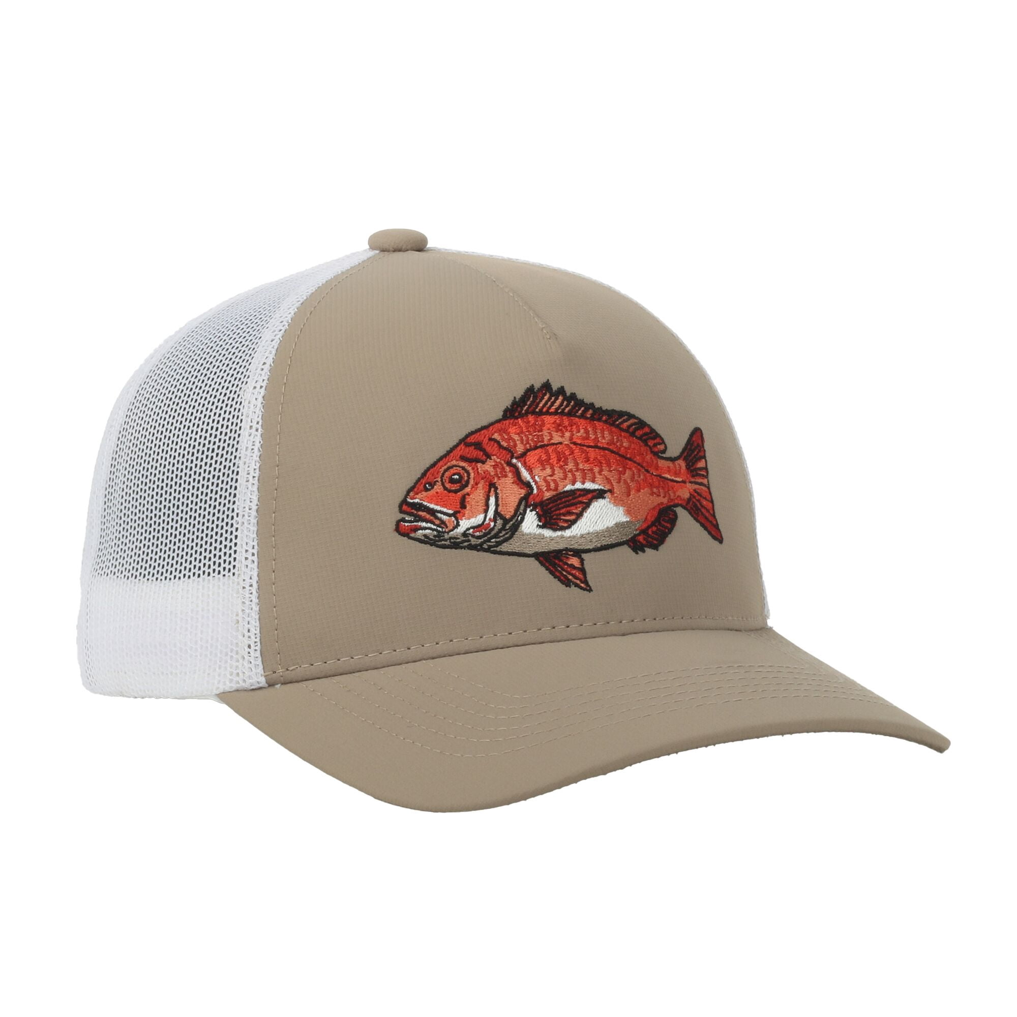 Khaki/White Red Snapper 5-Panel Fishing Cap – Structured, Embroidered, Snapback, One Size