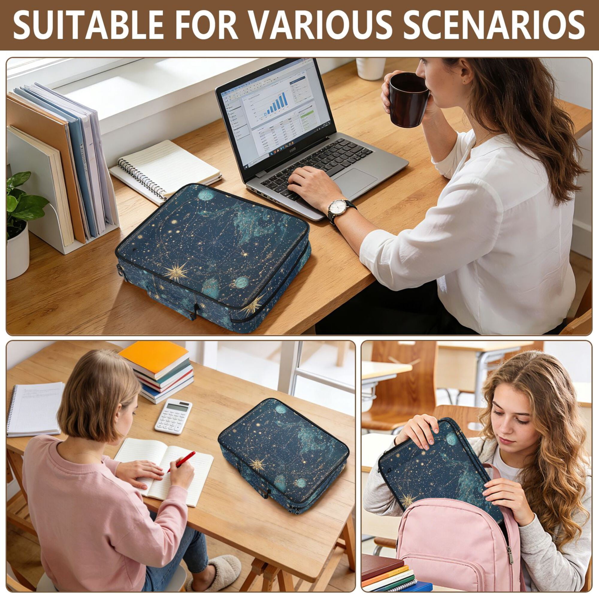 FORMRS Accordion File Folder A4 Size 7-Pocket Expanding Document Organizer Bag with 3 Ring Binder, Dark Star Map