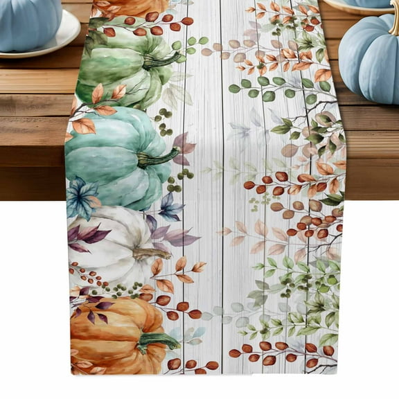 ERUNPONLY Fall Orange Blue Green Table Runner - 70 Inch Long Pumpkins Botanical Thanksgiving Cotton and Linen Blended Dress Scarves Farmhouse Table Runner for Kitchen Dining, Coffee Table, 13" x 70"