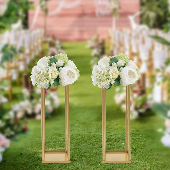 2 Pack Gold Wedding Flower Stand Metal Flower Floor Vase Column Flower Stand Geometric Centerpieces Vase for Tables,60cm Rectangular Flower Display Rack for Home Party Wedding Decorations