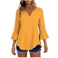thumbnail image 2 of Craaazy Women's Relaxed Fit V Neck Blouse, Solid Color 3/4 Sleeve Flare Cuff Top, Loose Comfy Button Accent Casual Tee for Spring & Summer Gifts, 2 of 7