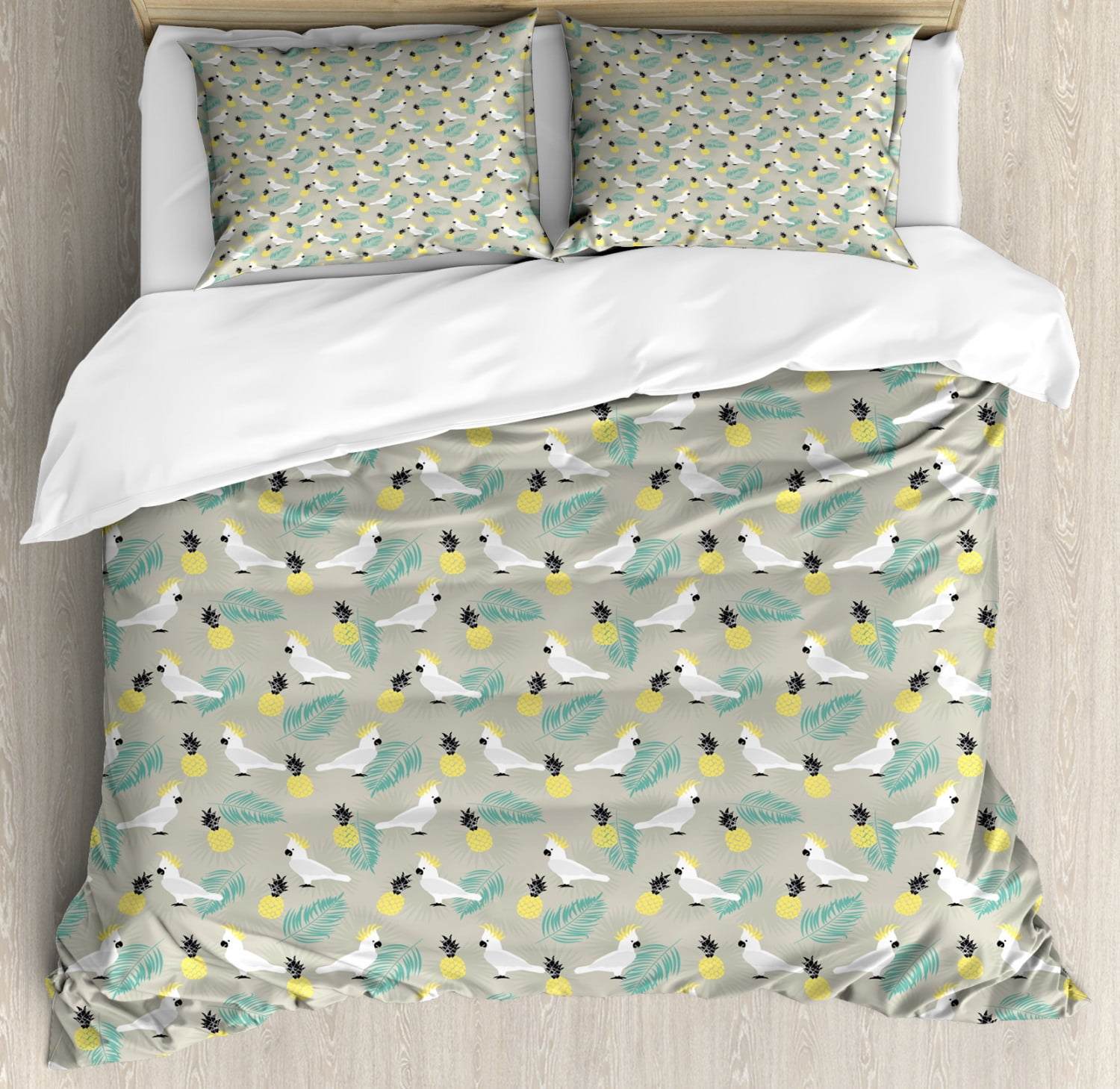 Yellow Bird Duvet Cover Set, Tropical Pattern with Exotic Pineapples