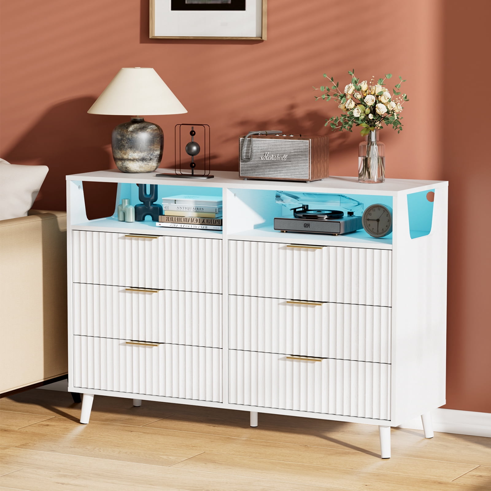 UBesGoo Fluted 6 Drawer Dresser with LED Lights, Modern Chest of Drawers Wood Dresser TV Stand, Double Dresser for Bedroom, Living Room, Hallway