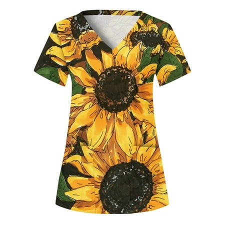 

Women Scrubs Top Nurses Clothing Working Uniform Top Care Workwears V-Neck Short Sleeve Top Printed T-Shirt Fashion