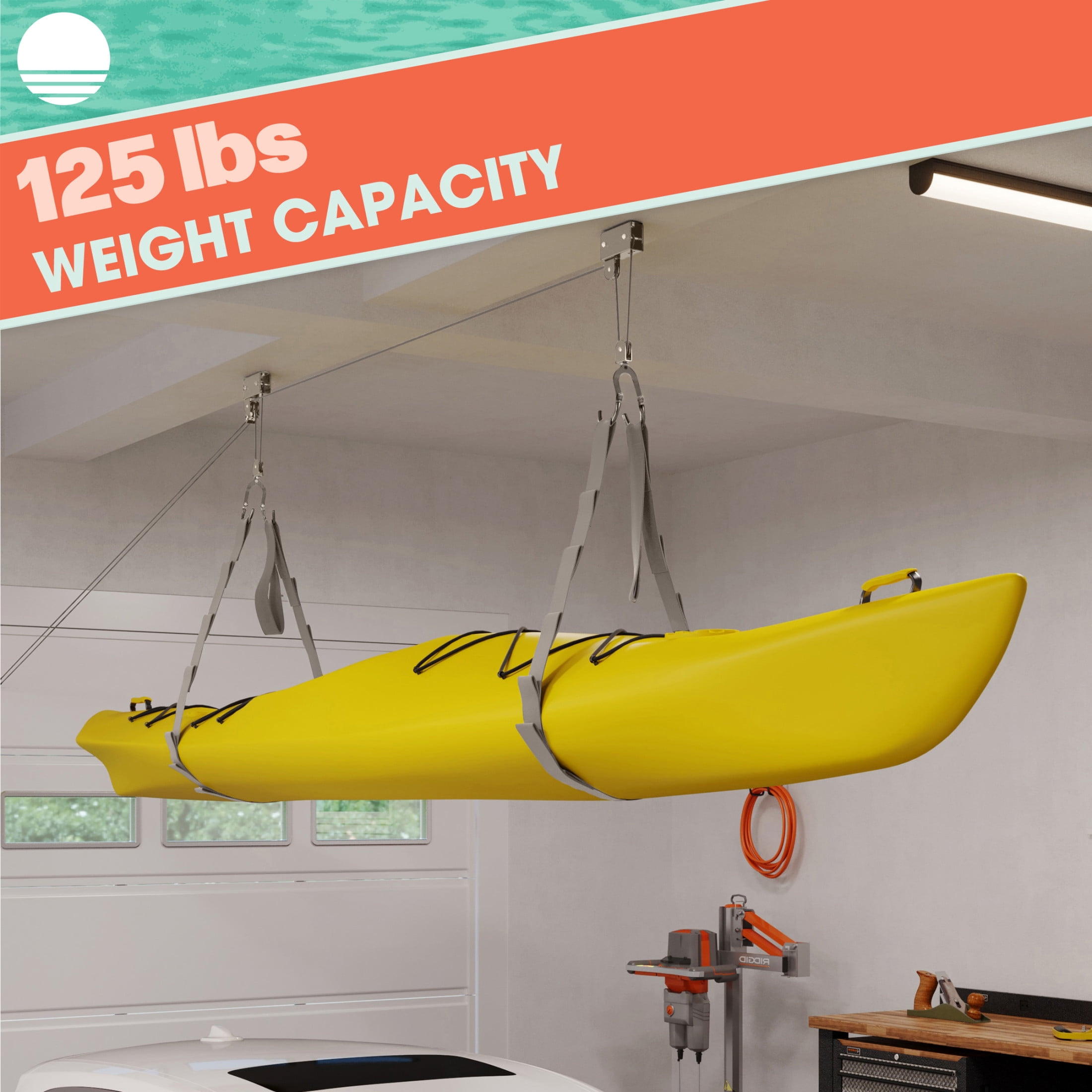 Rad Sportz Overhead Kayak Hoist with 125lb Capacity for 12ft Ceilings, Gray