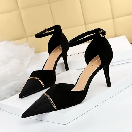 

Women‘s Pointed Toe Stiletto Sandals Ankle Strap Colorblock Closed Toe Metal Chain High Heels Women‘s Fashion Pumps