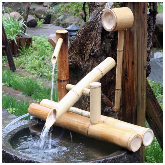 17.7" Water Feature Outdoor Fountain, Japanese-Style Bamboo Fountain with Pump Kit, Split-Resistant Natural Deer Scarer for Backyard Lawn