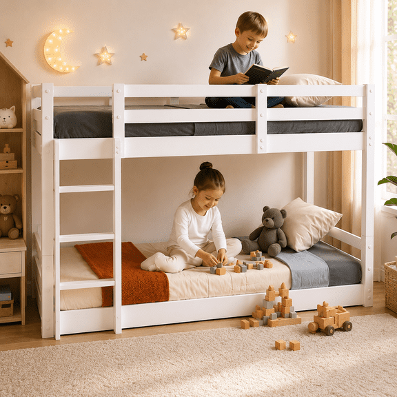Twin Over Twin Kids Bunk Bed, UHOMEPRO Solid Wood Floor Bunk Bed for Kids Bedroom, High Safety Rail, Ladder, Heavy Duty Space-Saving Bunk Beds, Convertible into 2 Twin Beds, White