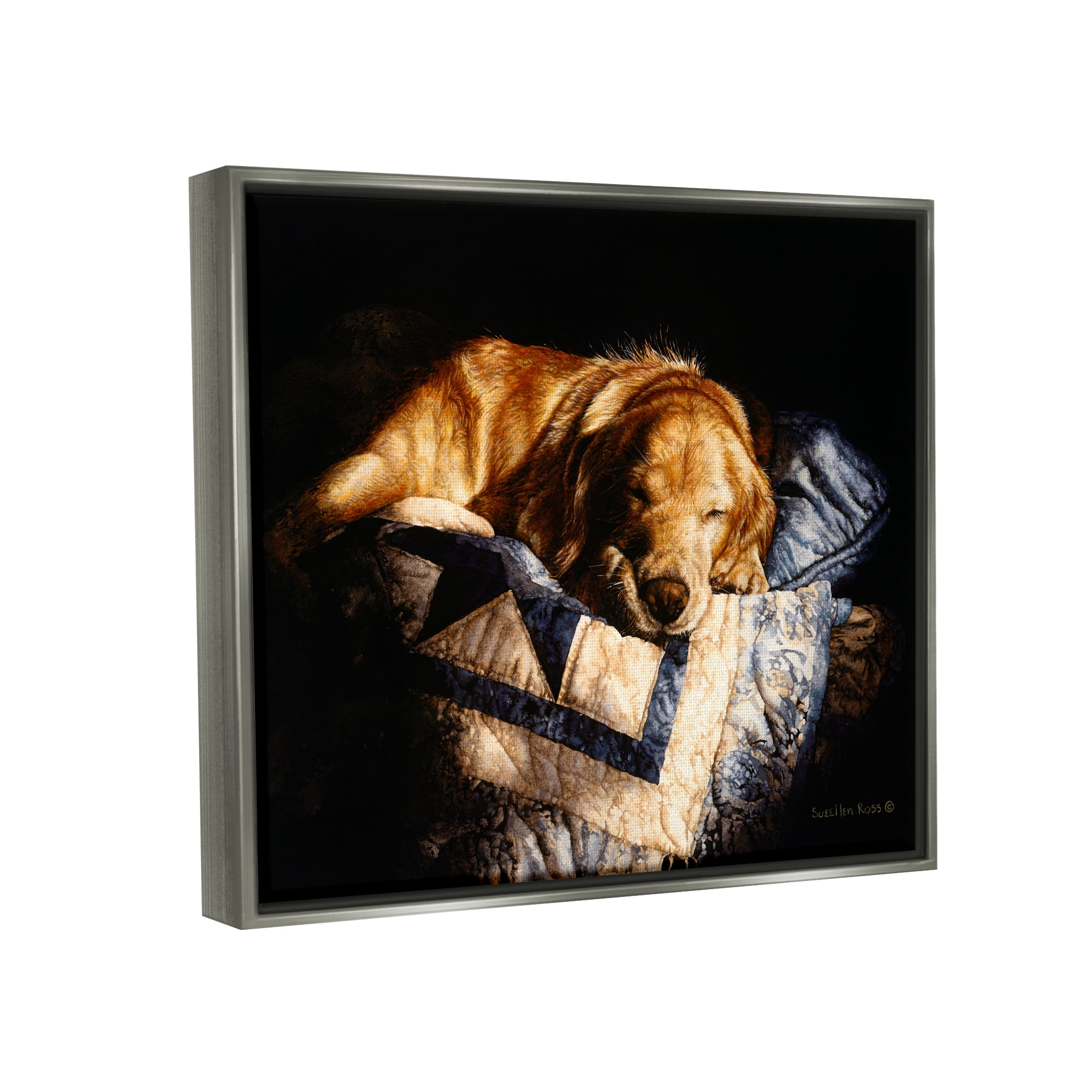 Stupell Industries Cozy Dog Sleeping Quilt Animal Animals & Insects Painting Gray Floater Framed Art Print Wall Art
