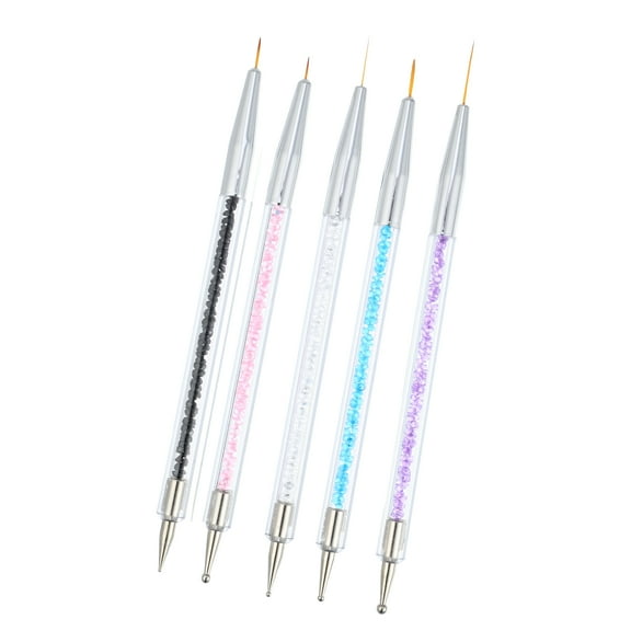 Vocoste 5 Pcs Double Ended Nail Art Brushes Rhinestones Handle Including Nail Liner Brush and Nail Dotting Pen
