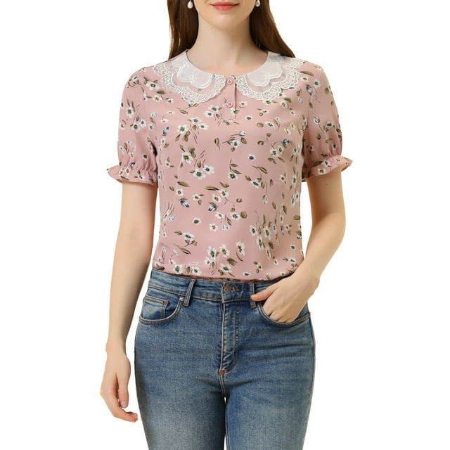 INSPIRE CHIC Blouse à Fleurs pour Femme à Col Peter Pan, à Volants, Manches Courtes Bouffantes, TP Rose