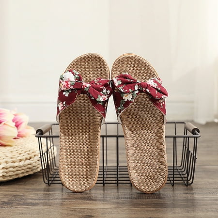 

slippers women female bowknot flax linen flip flops beach shoes sandals slippers