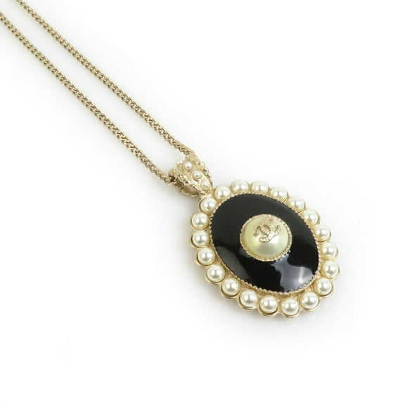 Pre-Owned CHANEL Necklace Coco Mark Metal Faux Pearl Gold White Black Women's e60148g (Good)
