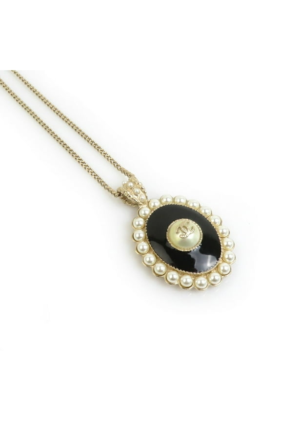 Pre-Owned CHANEL Necklace Coco Mark Metal Faux Pearl Gold White Black Women's e60148g (Good)
