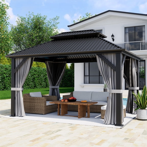 MUCHANT 10'x12' Hardtop Gazebo with Mosquito Netting & Curtains, Permanent Outdoor Double Roof Metal Gazebo for Patio Garden Lawn
