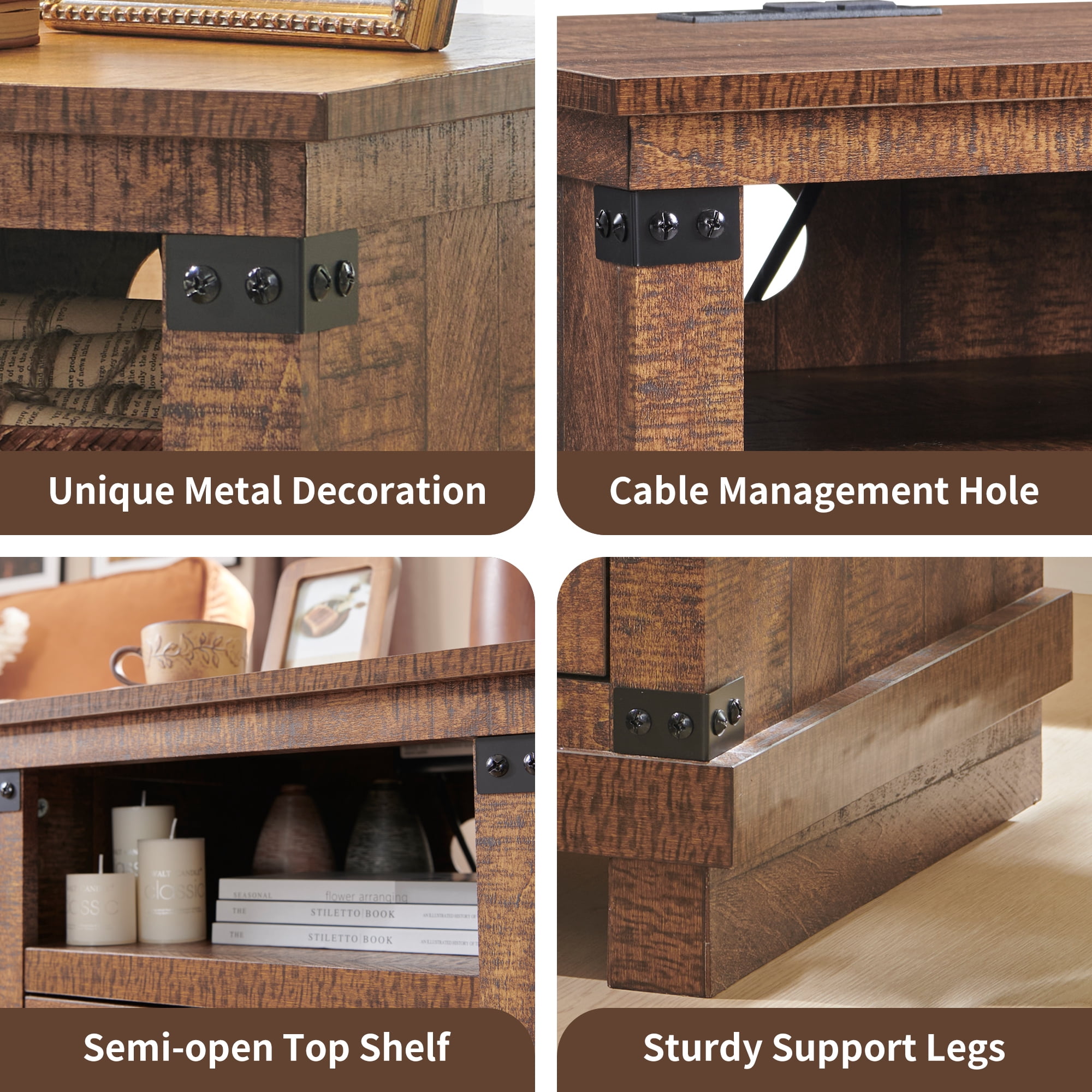 KeyWhat Farmhouse 18" Nightstand with Charging Station, Rustic Metal Wood End Table with Open Storage Shelf, Reclaimed Barnwood