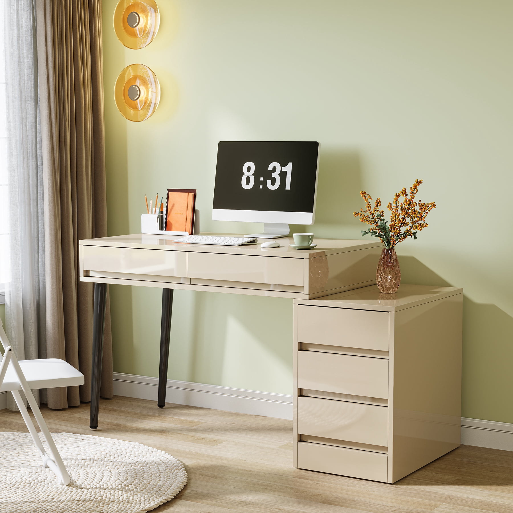 Finmind White Desk with 5 Drawers, Modern Home Office Desk with Storage Drawers and Printer Stand, Reversible Computer Desk Vanity Desk for Bedroom, Living Room
