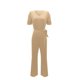thumbnail image 1 of Gibobby pantalones siameses de pierna ancha Pantalones de manga corta con cuello en V de color sólido para mujer con correa en la cintura de temperamento de verano(Beige, XXL), 1 of 5