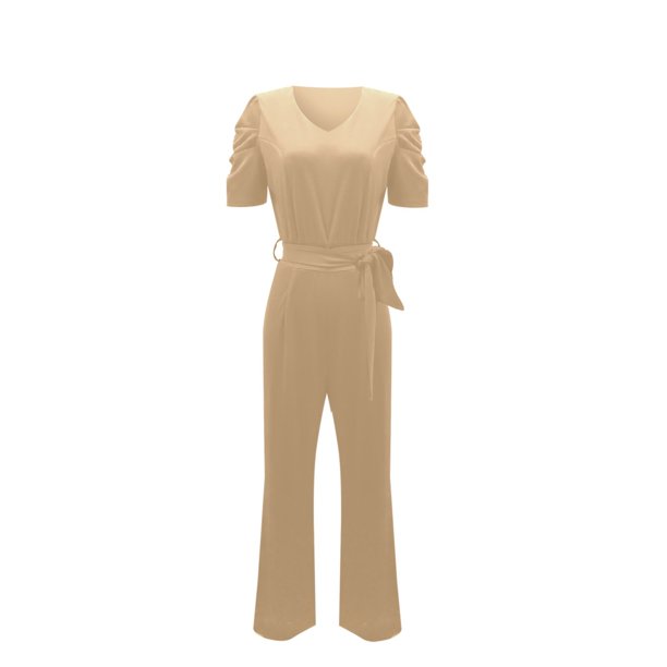 Gibobby pantalones siameses de pierna ancha Pantalones de manga corta con cuello en V de color sólido para mujer con correa en la cintura de temperamento de verano(Beige, XXL)