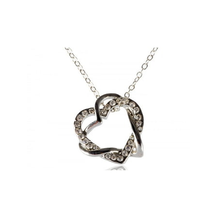 - Silver Metal Alloy Entwined Twin Heart Rhinestone Embellished Fashion Necklace