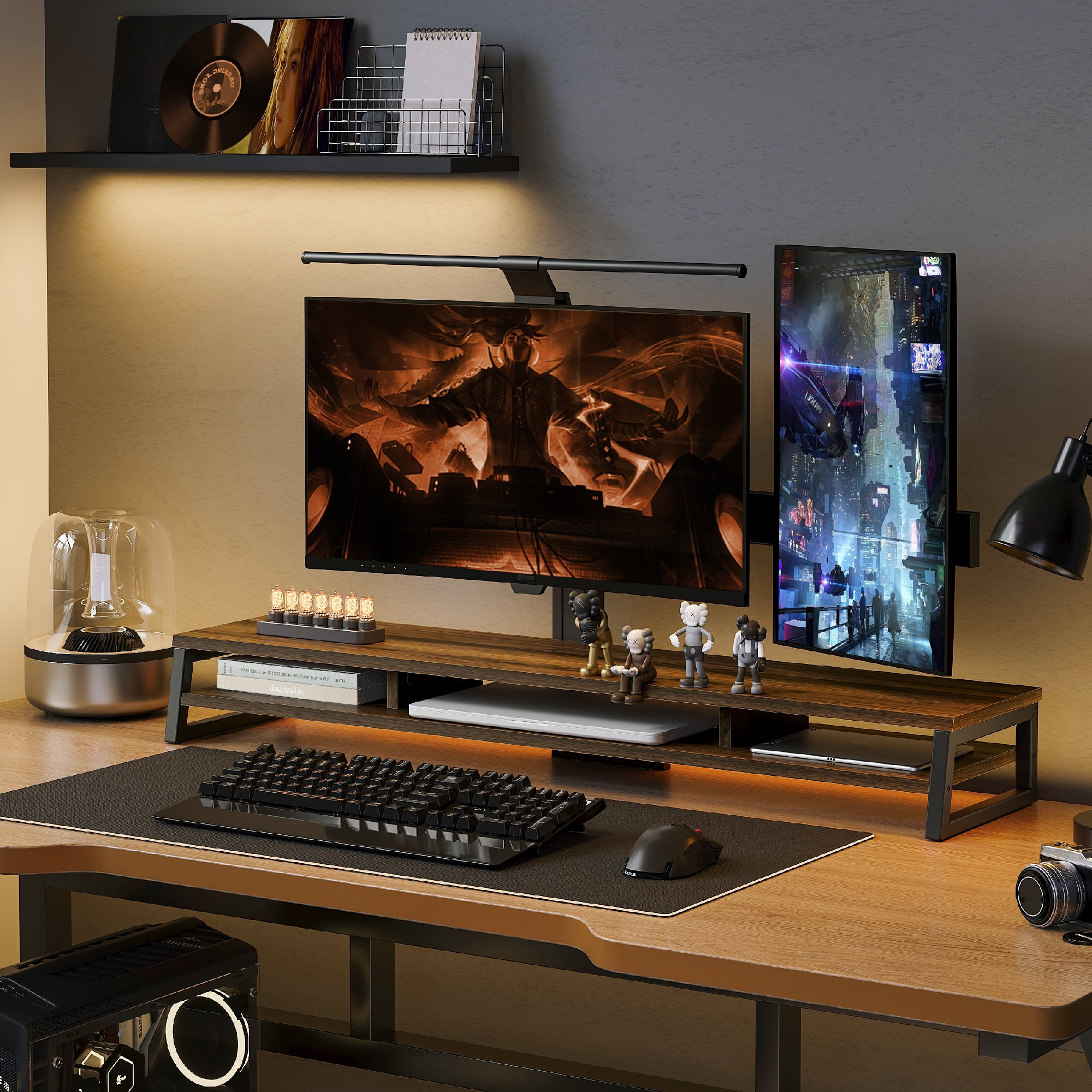 Fenge 42.5" Large Dual Monitor Stand, 2-Tier Desk Riser with Storage for Computers and Printers