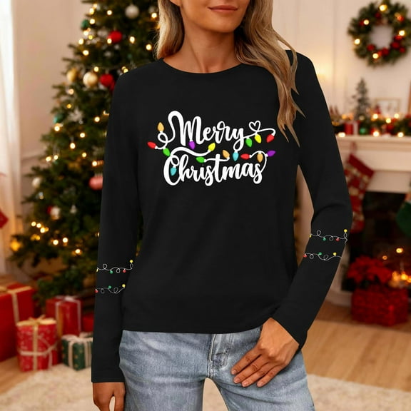 HOMBOM Womens Black Tops Long Sleeve Casual Crewneck Christmas Vintage Xmas Merry Christmas Tee Shirts for Female
