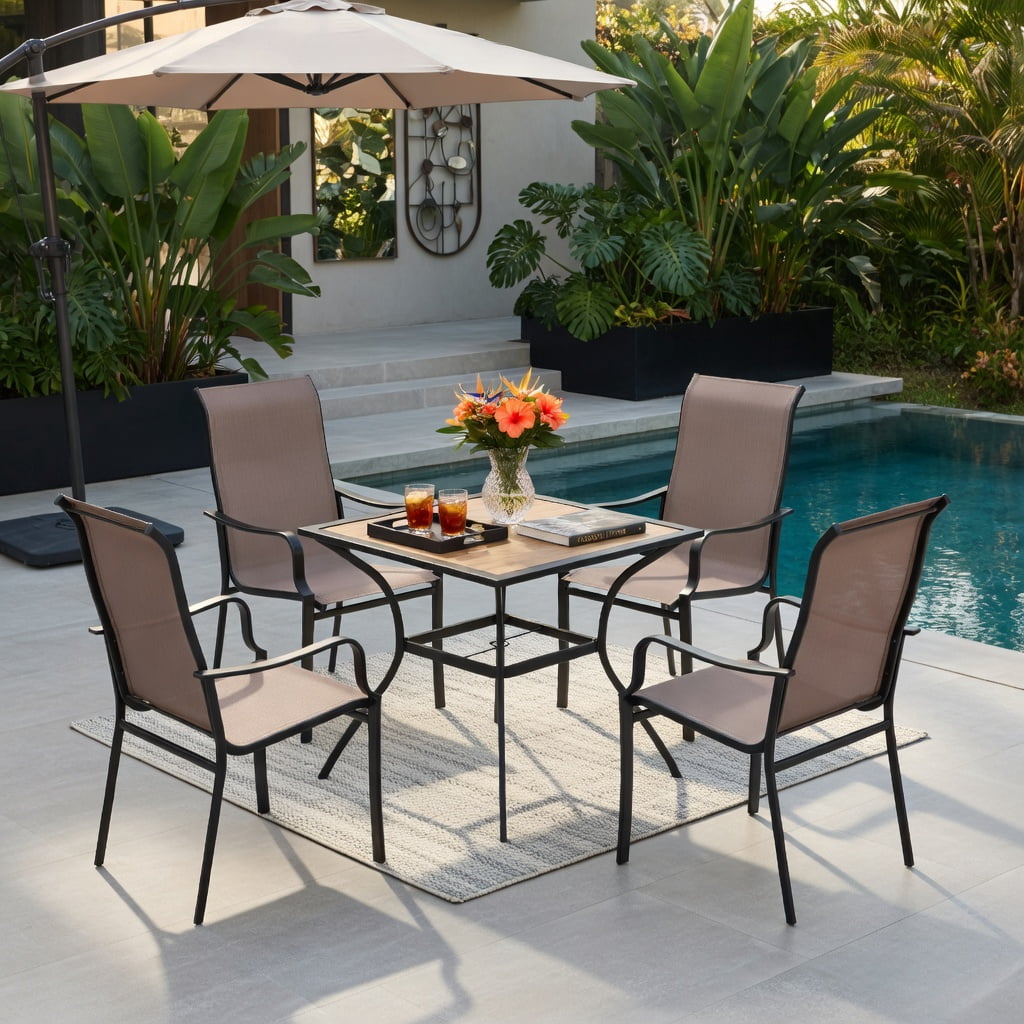 Hommoo 2-Pack Outdoor Dining Chairs, Wide Seat, Heavy-Duty Metal Frame, Breathable Mesh Back, Patio Chairs for Deck, Garden, Porch, Brown & Black