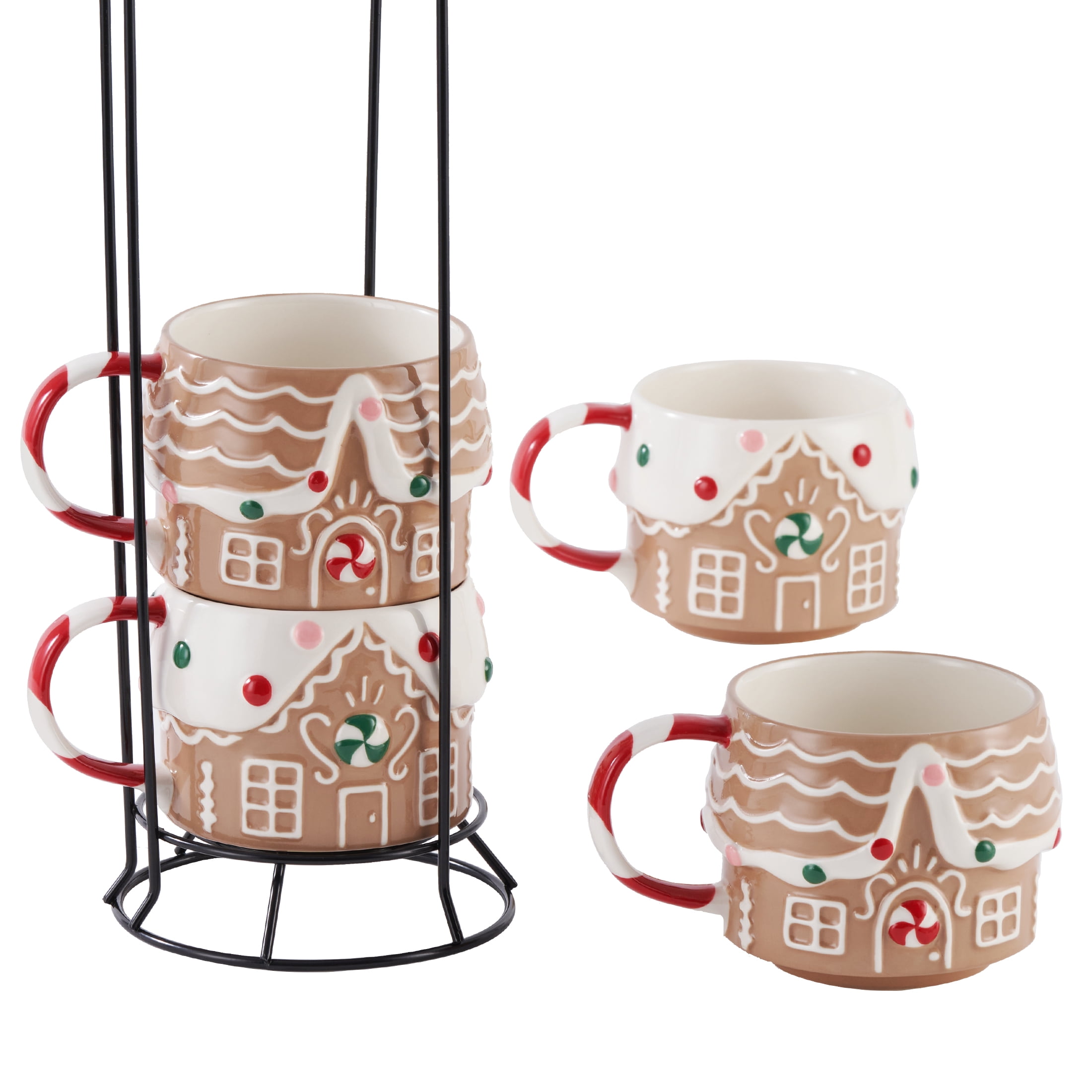Gingerbread House Stacking Ceramic Mug Set 11.5 OZ 4-Piece Holiday Time