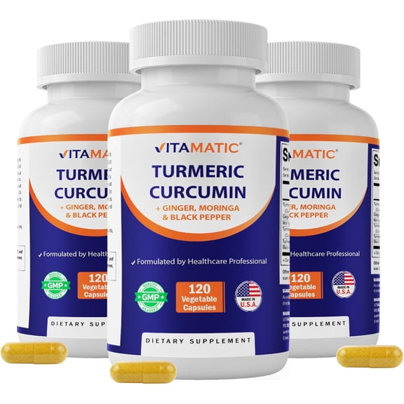 Vitamatic Turmeric Curcumin Supplement – Plant-Based Botanical Extract with Black Pepper, Ginger & Moringa – Vegetarian, Non-GMO, Gluten-Free – 120 Capsules - 3 pack