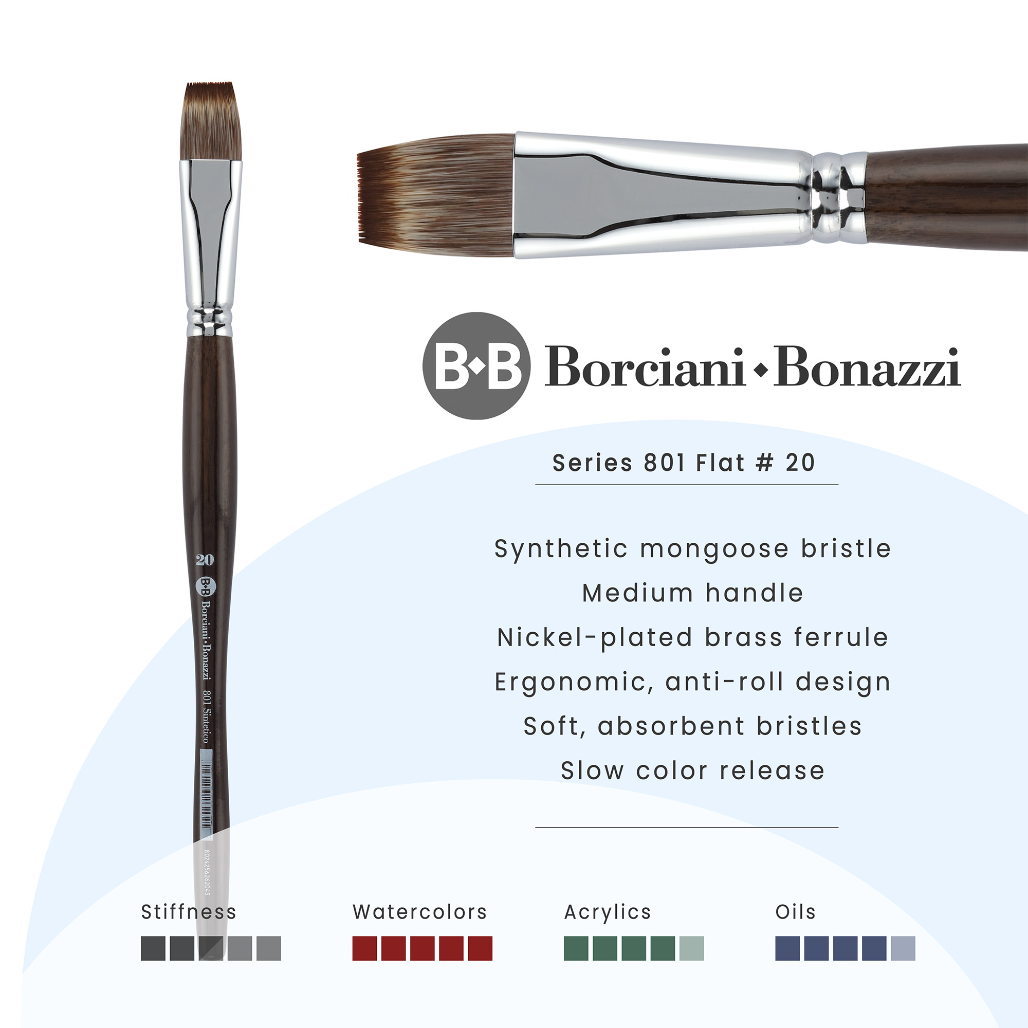 Borciani e Bonazzi Unico Synthetic Mongoose Artist Paint Brush - Series 801 Flat - Size #20 - Watercolors, Oil & Acrylic Paint - Handcrafted in Italy, Anti-Roll Design, Ergonomic Medium Handle