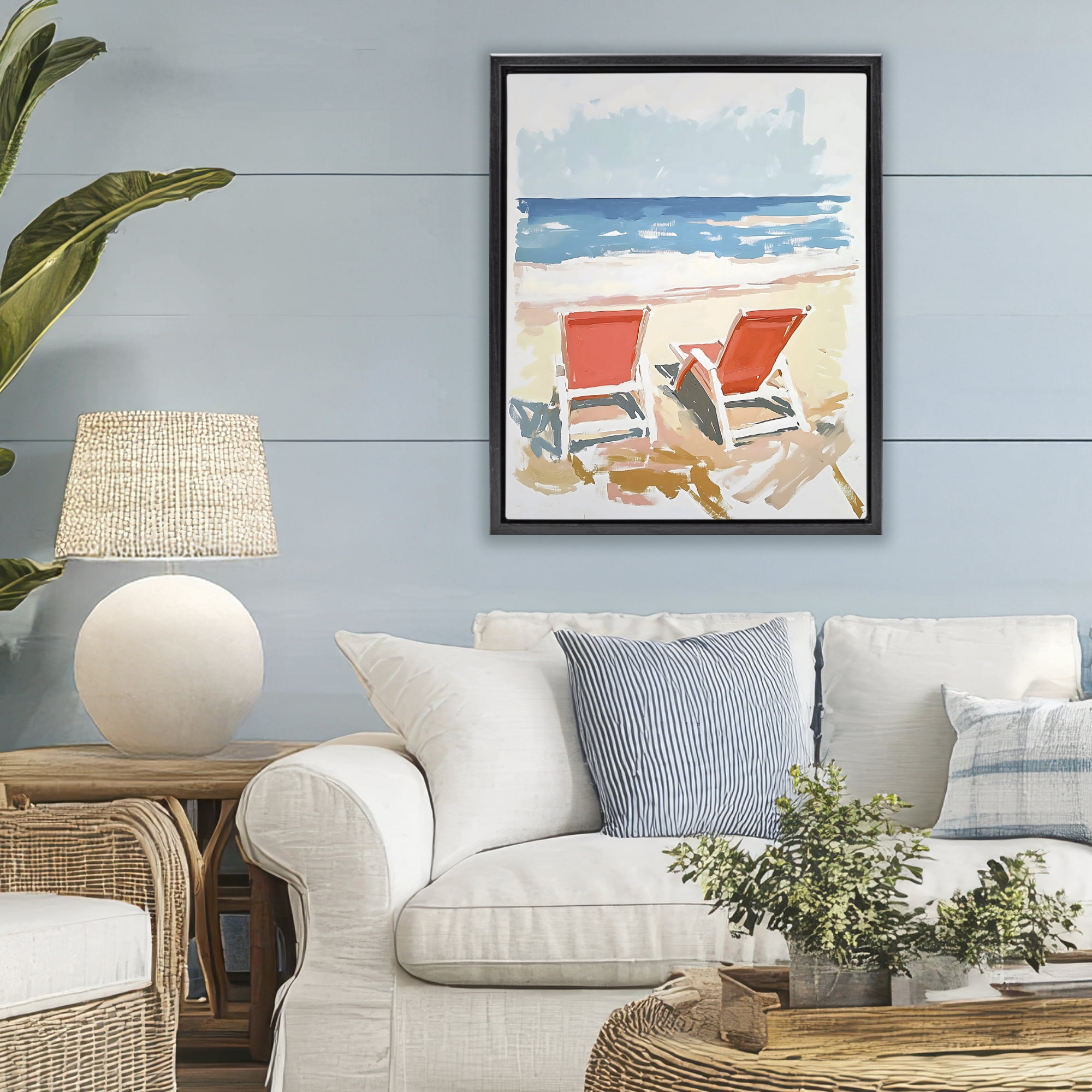 Stupell Industries Two Sunlit Beach Chairs Black Framed Floater Canvas Wall Art, design by The Prints Vibe