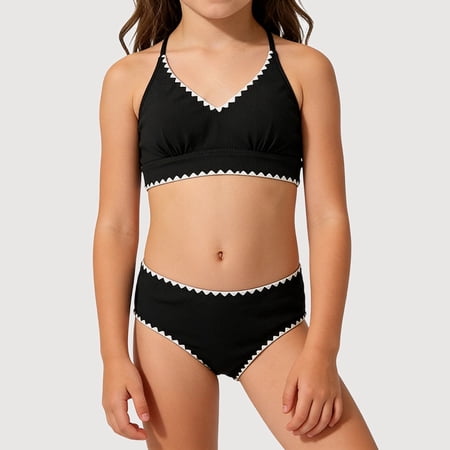Gyujnb Girls Swimsuit Two Piece Bikini with Adjustable Straps High Waist Scallop Trim Bathing Suit (Little Girls) 15-16 Years