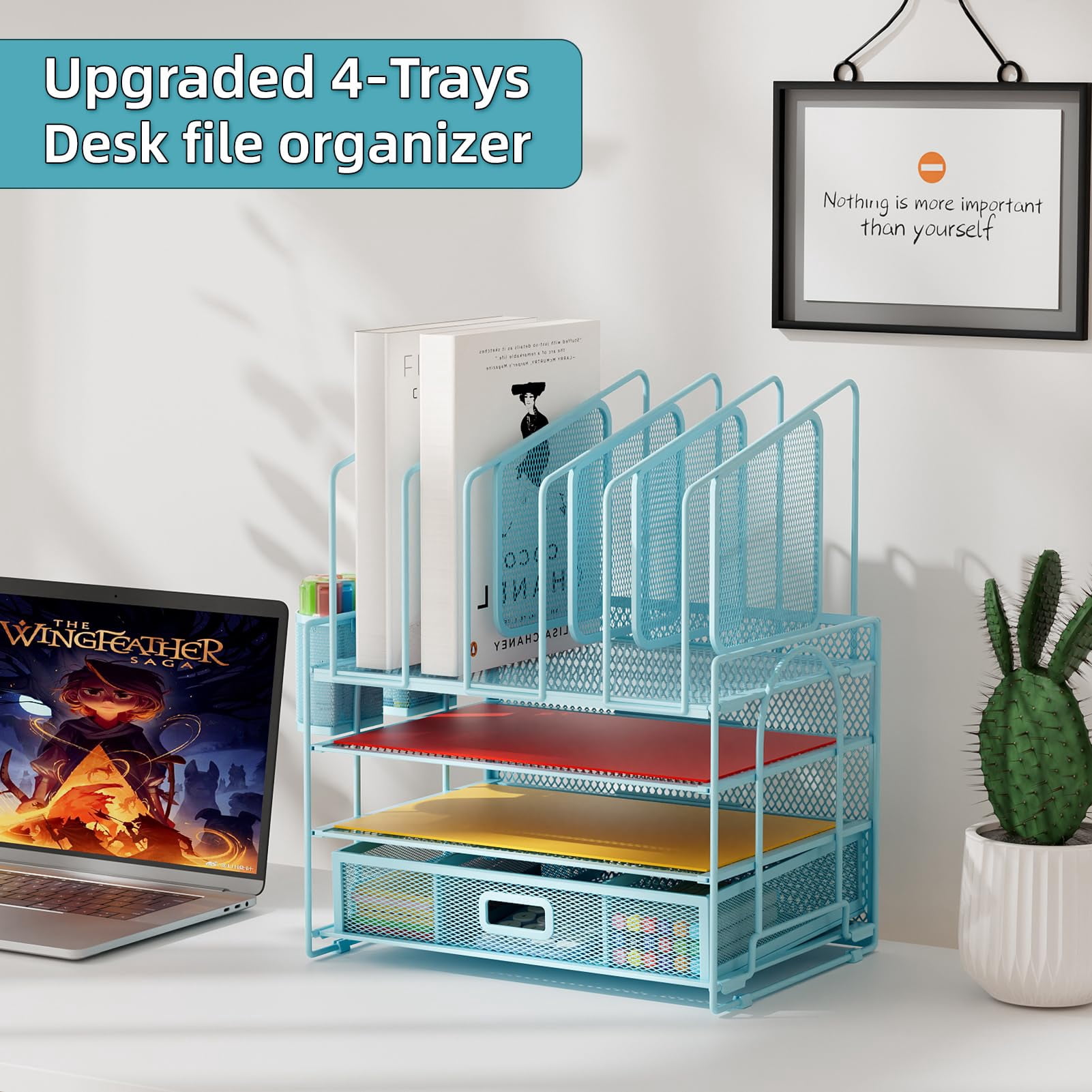 Desk Organizers  4-tier Mesh File Organizer With 5 Vertical Holders And 2 Pen Multifunction Desktop Accessories For Home Office (blue)