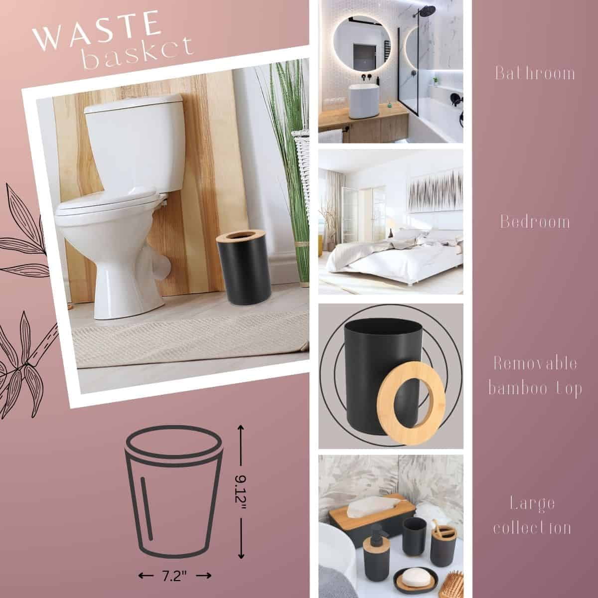 Black Bathroom Trash Can Padang Bamboo Top 1.3 Gal - Stylish and Sustainable 5L Waste Solution
