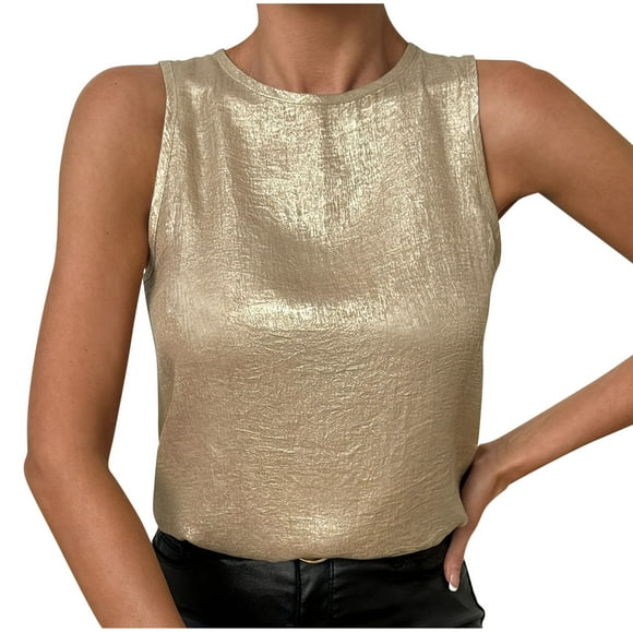 Yanlir Women's Velvet Shiny Gold Tank Tops 2025 Sleeveless Fashion Blouse,Round Neck Casual Tops,Trendy Party and Concert Wear(Gold,L)