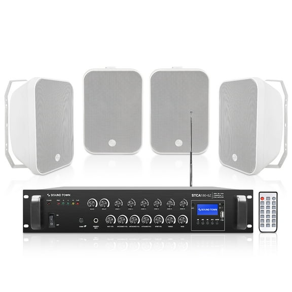 Sound Town Commercial Restaurant Bluetooth Amplifier   Surface-Mount Speaker Set, with One 6-Zone 70V/100V Amplifier with Bluetooth, 4 x 6.5-Inch Surface-Mount Speakers, White (STCA180X4MS6W)