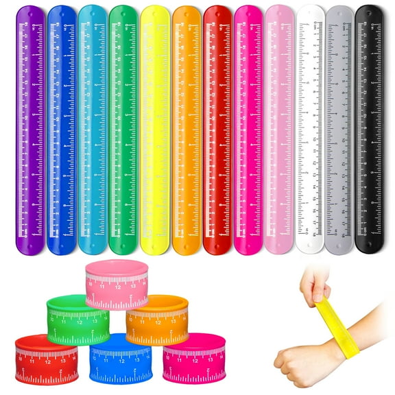 Novelty Place 12Pcs Ruler Slap Bracelets Silicone Wristband, 12 Colors Silicone Snap Bracelets with Scale for Kids Classroom School Craft Activity Prize Gift Party Costume