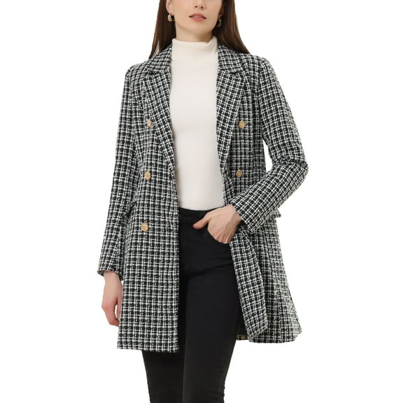 INSPIRE CHIC Women's Notched Lapel Elegant Plaid Double Breasted Tweed Blazer Coat