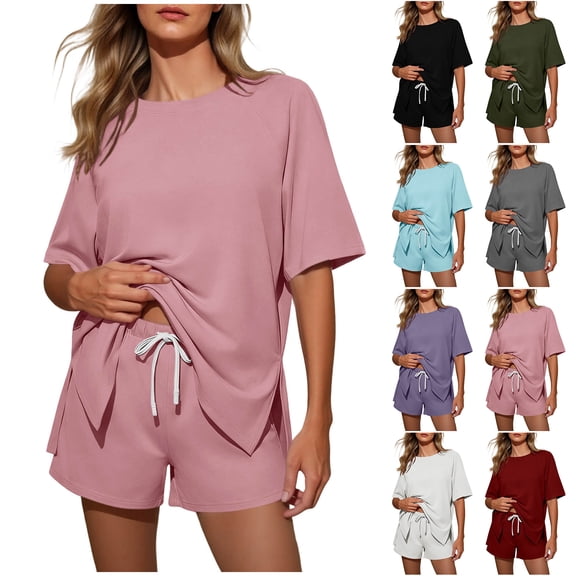 Bloomae Two Piece Sets for Women Summer Lounge Short Sets Moisture-Wicking Casual Short Sleeve Side Slit Crewneck T-Shirts and Drawstring Elastic Waist Shorts Airport Travel Matching Outfits