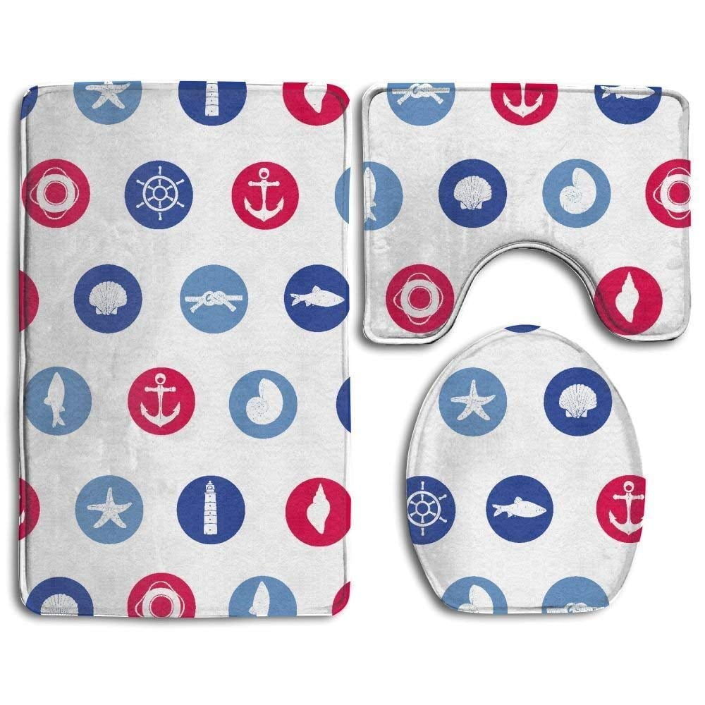 CHAPLLE Nautical Art 3 Piece Bathroom Rugs Set Bath Rug Contour Mat and