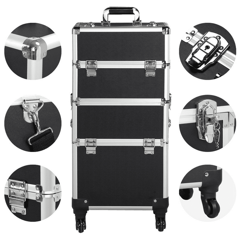 Shzicmy Rolling Lockable Makeup Train Case, Hairdressing Trolley, Beauty Salon Cosmetic Luggage, Travel Storage Box, Large-capacity Tool Box, Black, Size: 39*