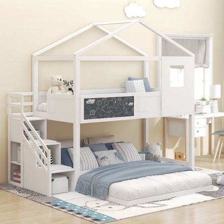 Twin Over Full House Bunk Bed with Blackboard and Storage Staircase Kids Bunk Bed with Roof and Guardrails Playhouse Wood Bed Frame for Teens Boys and Girls No Box Spring Needed White
