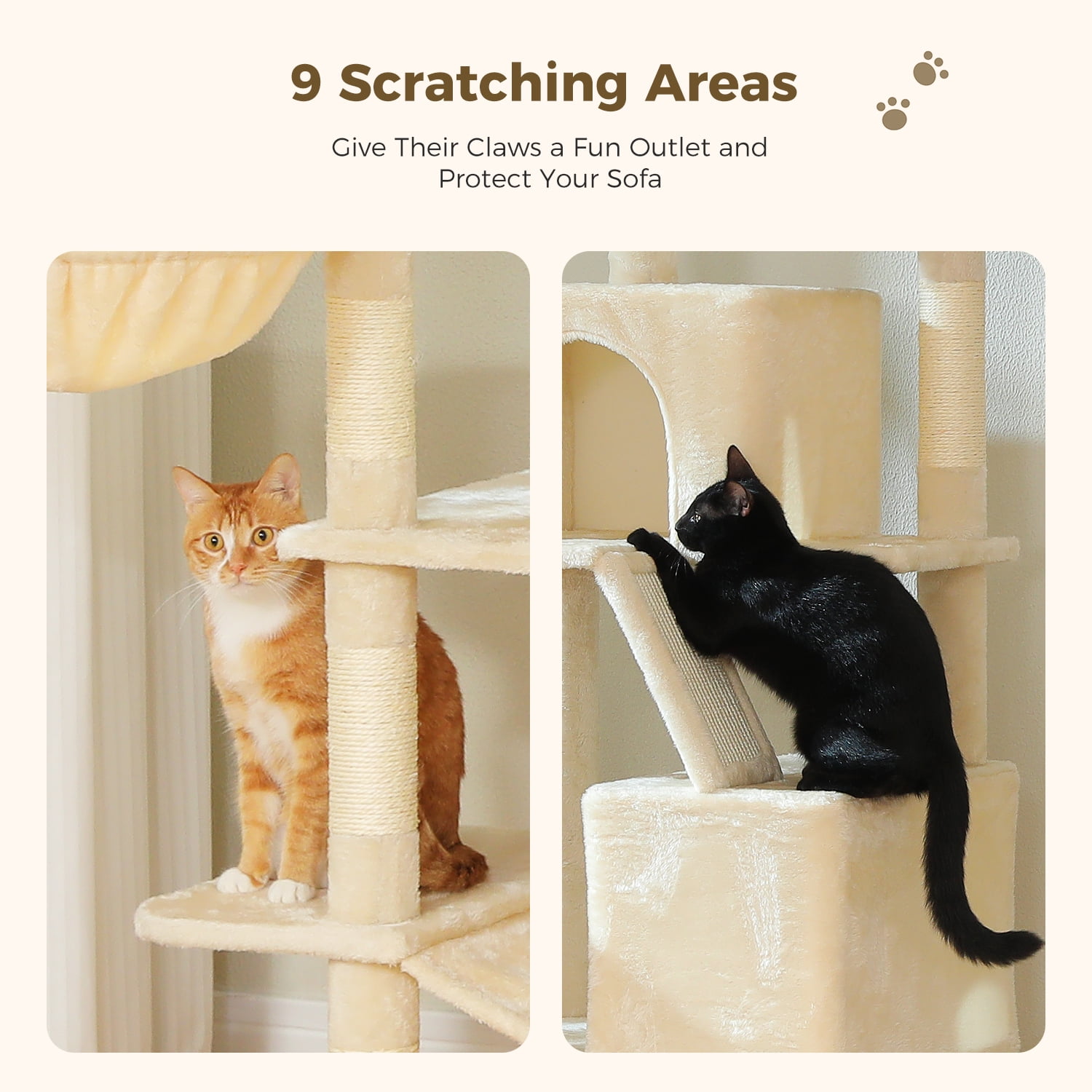 Pefilos 70.8" Tall Cat Tree for Adult Indoor Cats, 8-Levels Large Cat Tower with 8 Sisal Posts, 2 Hammocks, 2 Condos, Big Perch & 3 Pom Poms, Beige